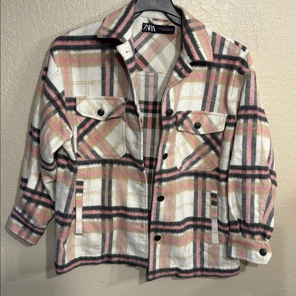 Zara shacket women’s plaid flannel size small pink gray